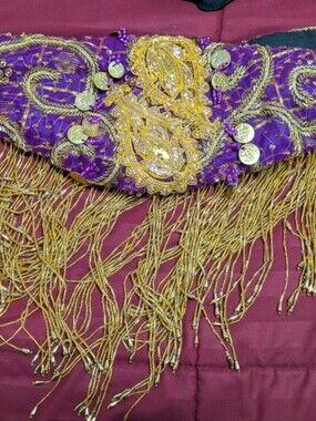 Vintage Purple Belly Dance Hip Scarf Belt with Anemone Embroidery Gold Beaded Fr